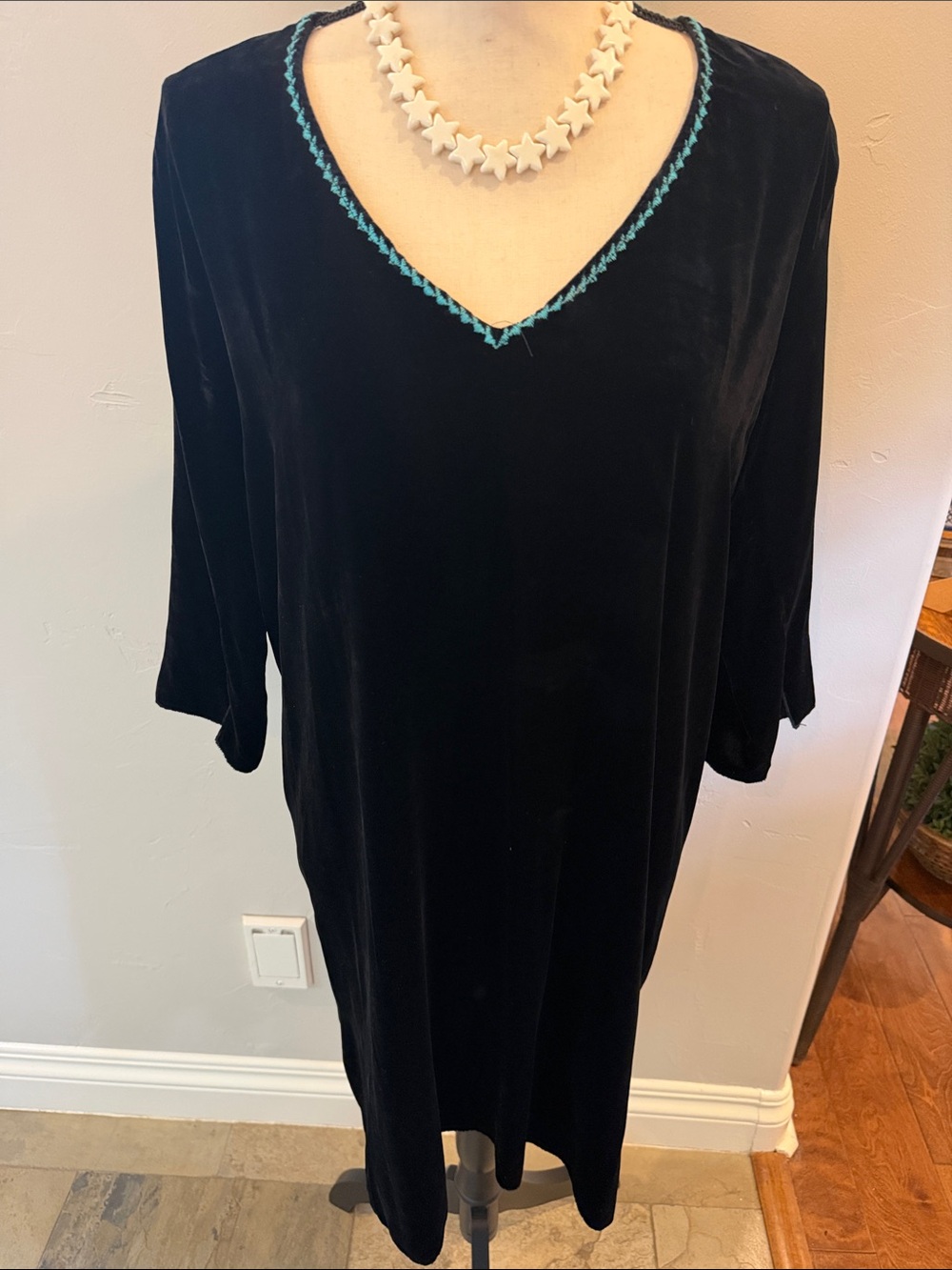 Johnny Was Black Velvet V-Neck Dress with Teal Trim